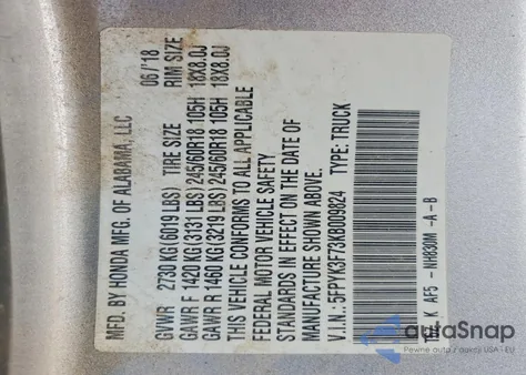 2019 Honda Ridgeline Rtl из США, поврежденный, VIN 5FPYK3F73KB009824